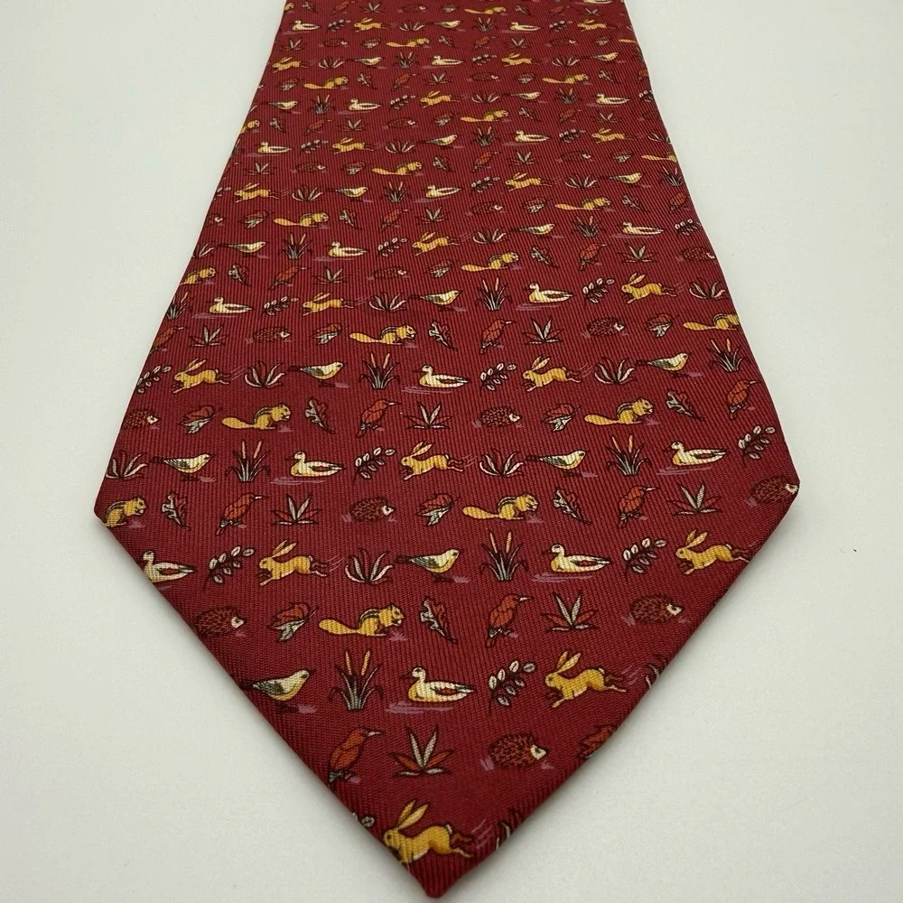 Salvatore Ferragamo‎ Silk Tie Italy Red Yellow Rabbit Bird Leaf Chipmunk Nature
